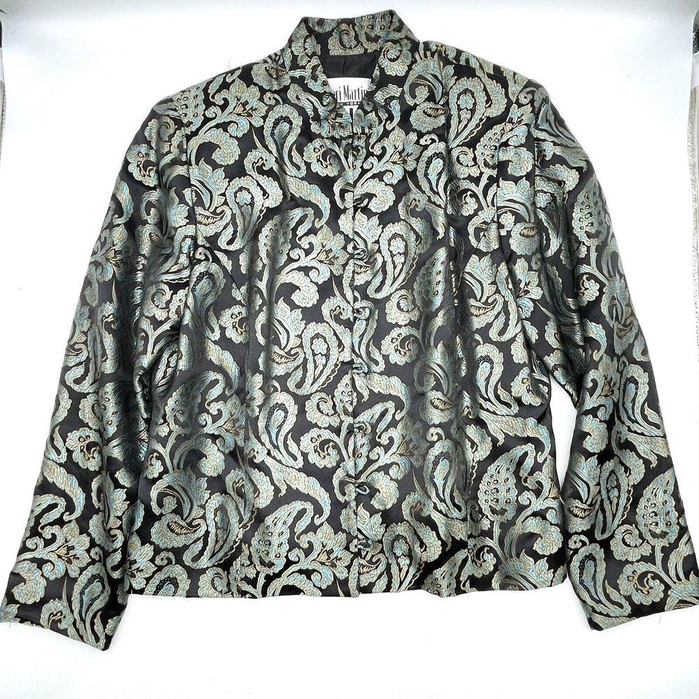 Vintage Sheri Martin Asian Baroque Silvery Blue Paisley Satin Jacket Top Size L